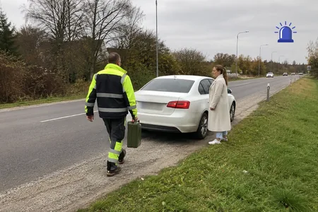 Kütteabi maantee ääres, helkurjopes tehnik kannab rohelist kanistrit tee äärde pargitud valge auto juurde, kaubikus on varuks kütusefiltrid levinumatele diiselmudelitele.